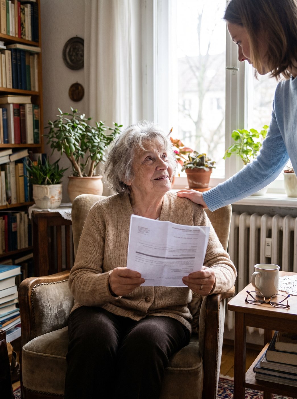 Seniorin mit einem Brief der Pflegekasse, eine Mitarbeiterin legt ihr die Hand auf die Schulter