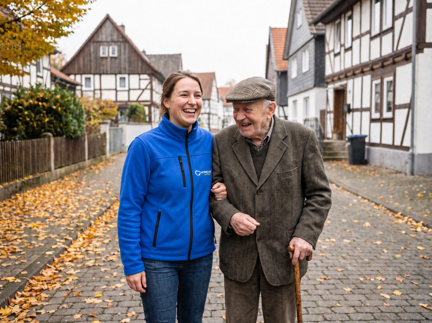 HOMECARE-Mitarbeiterin in blauer Jacke begleitet einen Senior beim Spaziergang